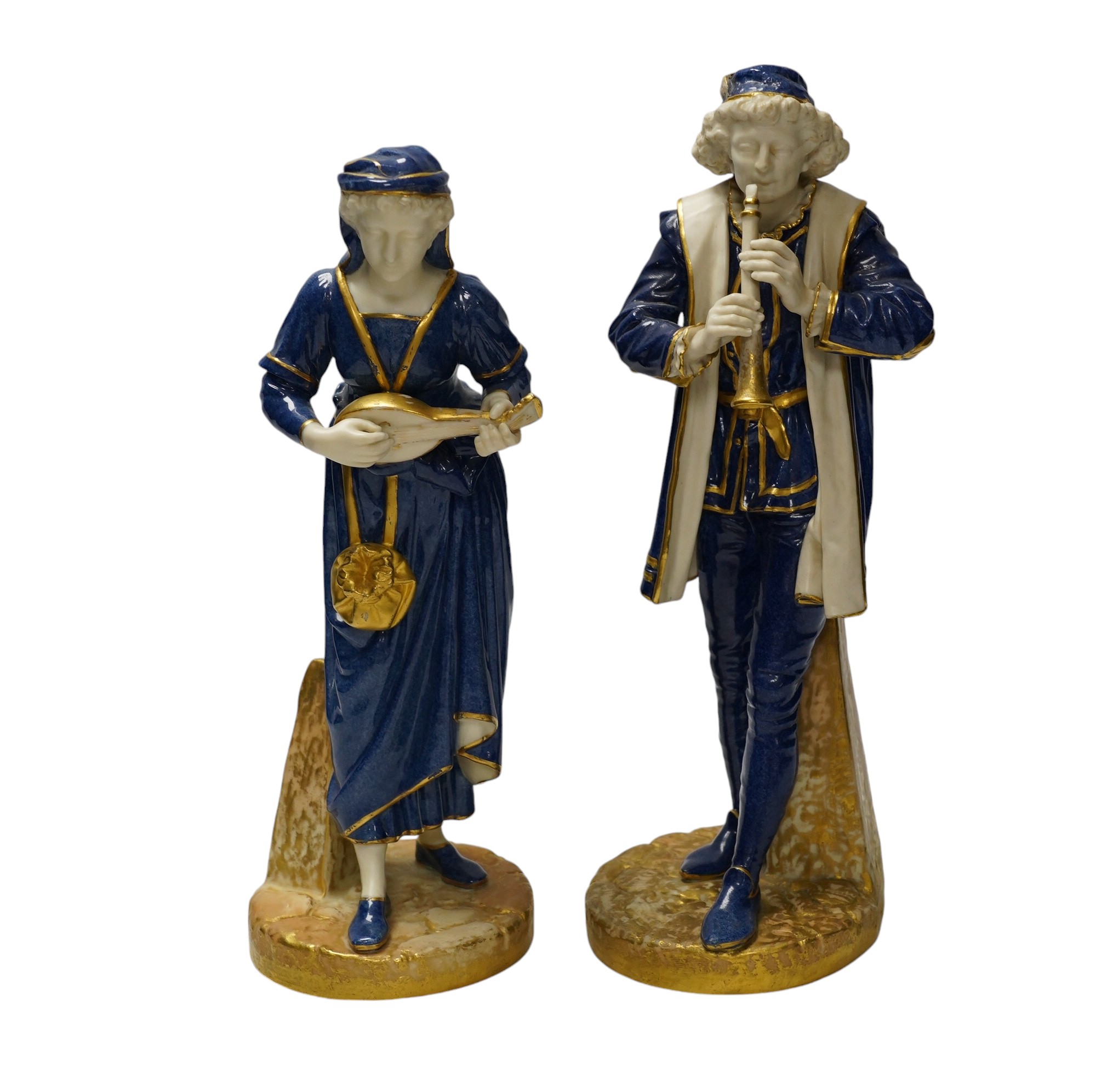 A pair of Worcester 'musician' figures by Hadley, 143 and 126, 30cm. Condition - some wear to gilding